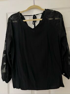 LOFT Womens Blouse Black, See-Thru Sleeves with Lace Appliqués - M